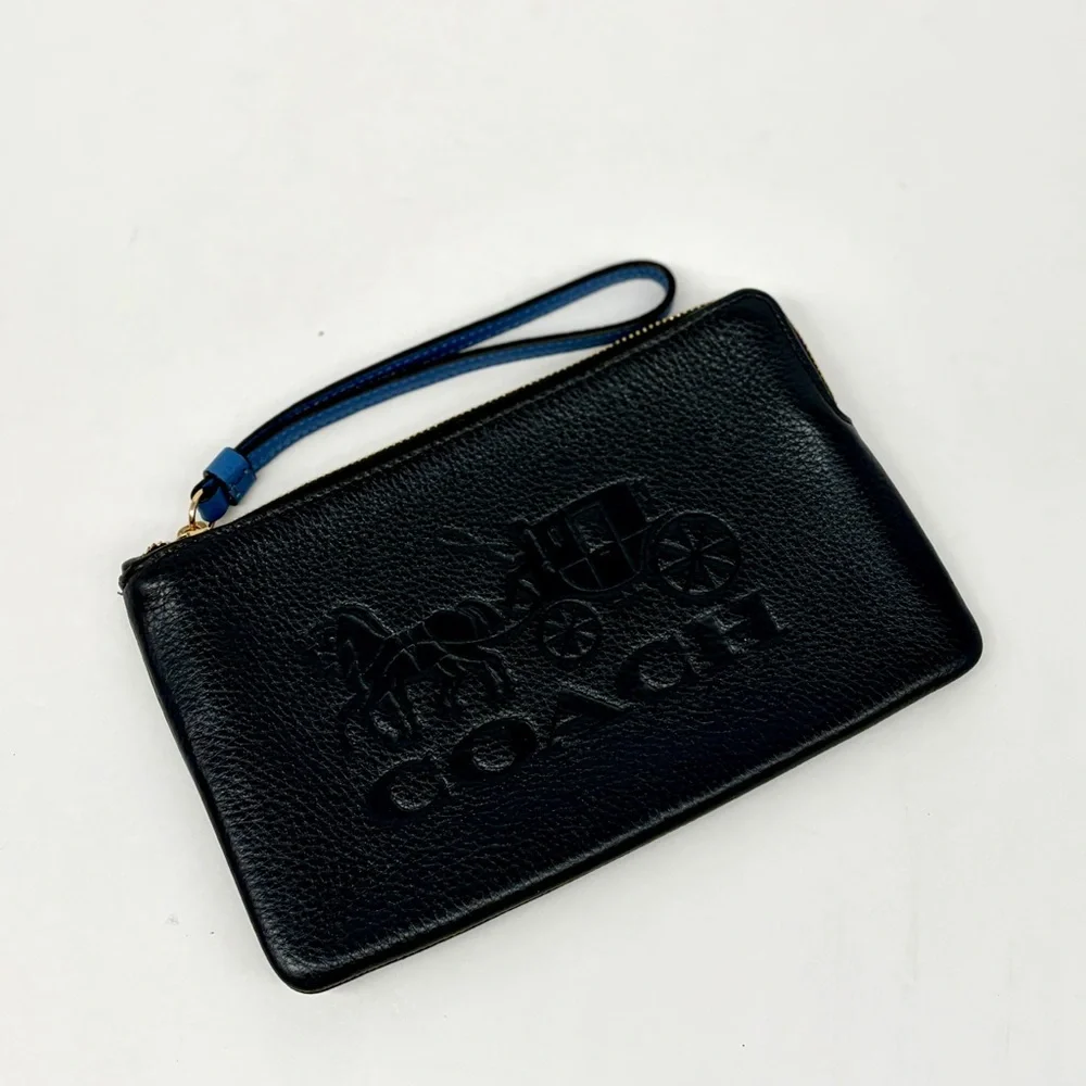 Coach Large Corner Zip Wristlet Wallet With Horse And Carriage Navy